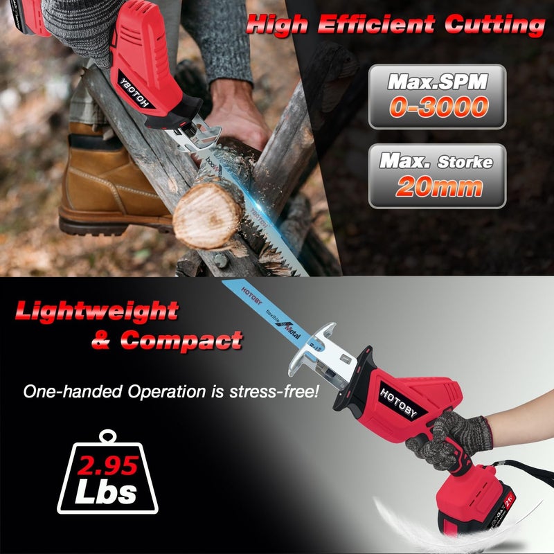 hotoby Reciprocating Saw, Cordless, Electric Reciprocating Saw with 2 Batteries, Includeds 8 Blades Kit, Tool-free Blade Change, Variable Speed, Multi-Purpose, For DIY Wood Metal PVC Cutting (Red) - Image 4